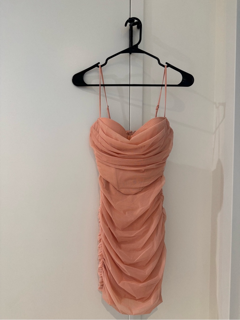 Oh Polly Peach Ruched Spaghetti-Strap Mini Dress